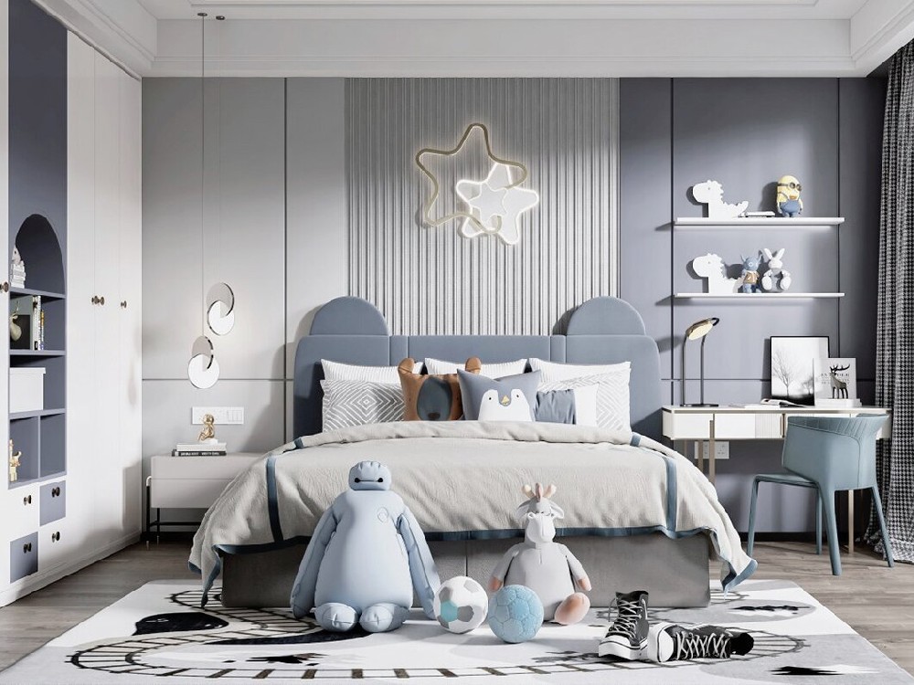 兒童房的主要作用是提供睡眠，根據(jù)男孩性格盡量選擇活潑、靈動(dòng)的顏色，藍(lán)色是不錯(cuò)的選擇。 .